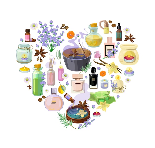 Vektor herzbanner mit einer sammlung aromatischer öle, lufterfrischer, salze, kerzen und parfüm in einem detaillierten stil. moderner illustrationsstil für aromatherapiestudios und massagesalons