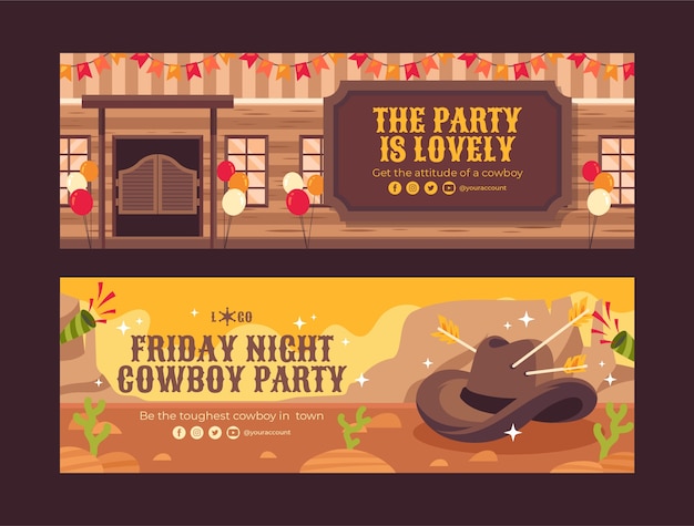 Horizontales Banner der Cowboy-Party im flachen Design