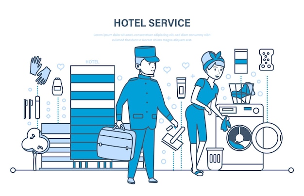 Vektor hoteldienstleistungen stadtbild und die umgebung personal meeting service thin line design