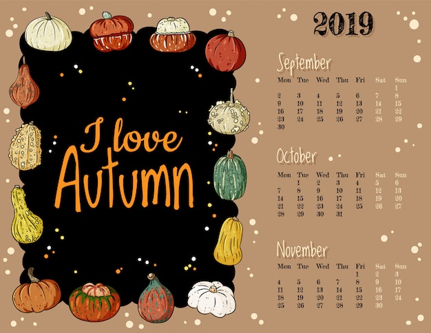 Vektor ich liebe niedlichen gemütlichen herbstkalender des hygge 2019 mit kürbisdekor