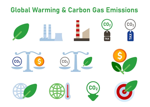 Vektor ikonensatz der globalen erwärmung kohlendioxidemissionen klimawandel kohlendioxidsteuer kohlenstoffkompensation neutral