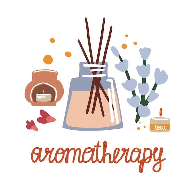 Vektor illustration der aromatherapie räucherstäbchen spa-kerzen und kräuter