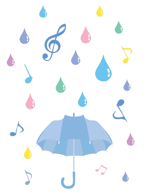 Vektor illustration eines blauen regenschirms der regenzeit und musiknoten und regentropfen