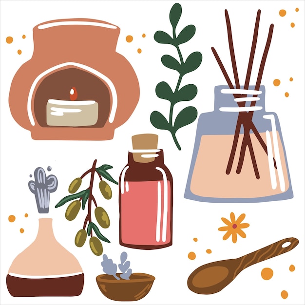 Vektor illustration von aromatherapie und ätherischen ölen räucherstäbchen, kerzen und kräuter