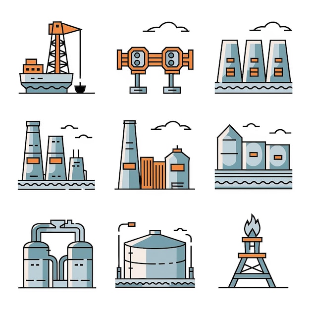 Illustrationen Vektor-Symbol für die Öl- und Gasindustrie Raffinerie-Prozess und Gebäude