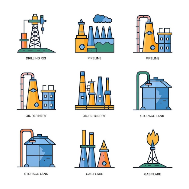 Illustrationen Vektor-Symbol für die Öl- und Gasindustrie Raffinerie-Prozess und Gebäude