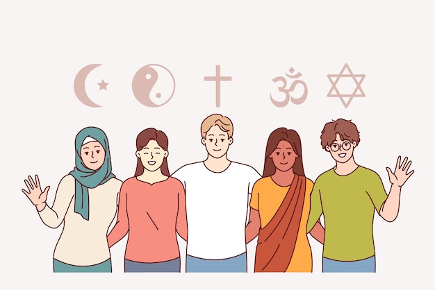 Vektor interreligiöses verständnis von menschen, die den islam und das christentum oder den buddhismus und das judentum predigen