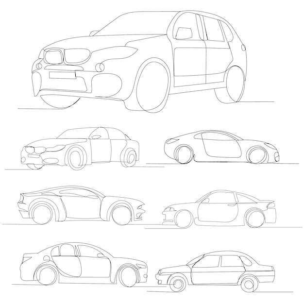 Isolierte einzeilige Zeichnung Auto-Skizzensatz