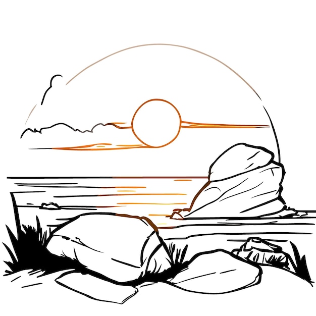 Isoliertes Kunstwerk „Climping Rocks“ im digitalen Malstil, Sonnenuntergangsfelsen und Wolken, weißer Hintergrund