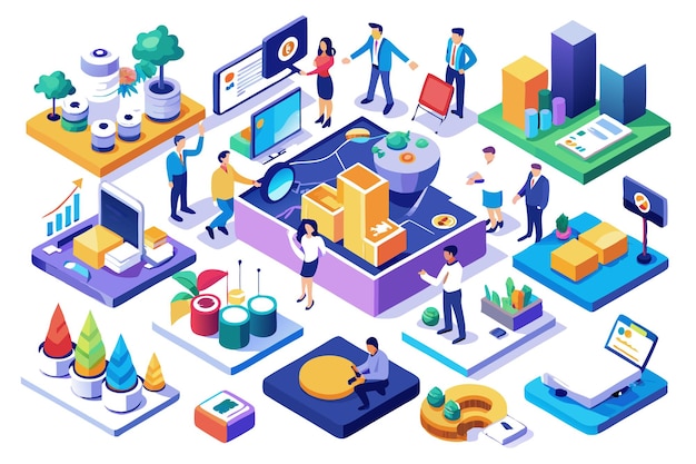 Vektor isometrische darstellung von geschäftsleuten, die zusammenarbeiten, mit datenanalyse und diagrammen