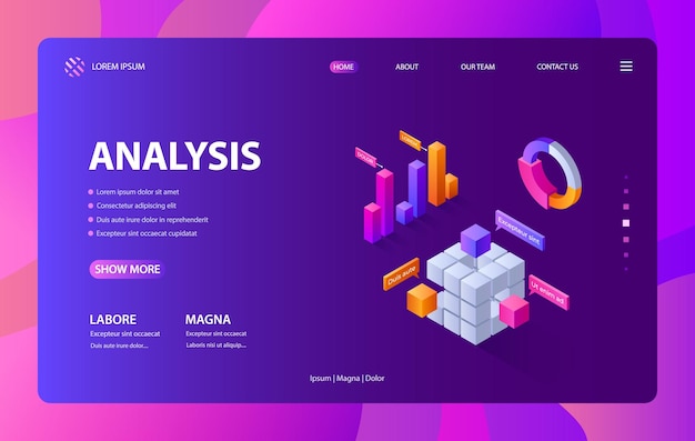 Isometrische Infografik-Landung 3D-Datenstatistik und Geschäftsdiagramm-Website-Layoutvorlage Grafikelement der Finanzpräsentation Vektorillustration