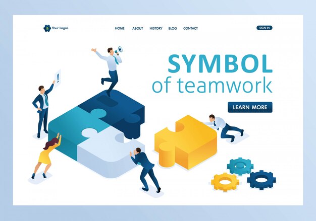 Vektor isometrische leute, die puzzlespielelemente anschließen. symbol der teamwork-landingpage