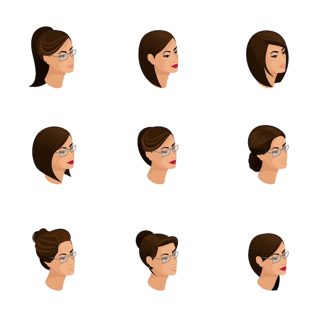 Isometrische Symbole von Kopffrisuren, Gesichtern, Augen, Lippen, weiblichen Emotionen. Qualitati-Isometrie von Menschen für Illustrationen