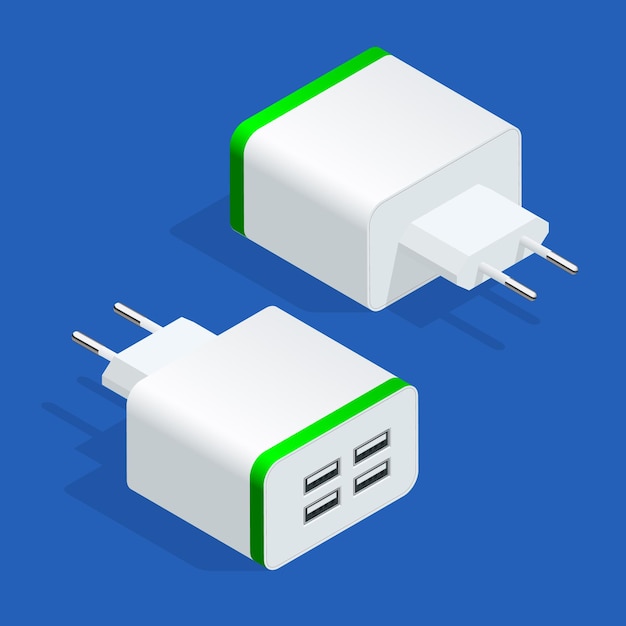 Isometrische USB-Steckdose Steckdose. USB-Wandladestecker isoliert. Vektor-Illustration.