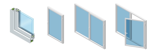 Isometrischer Querschnitt durch eine Fensterscheibe aus PVC-Profil mit laminierter Holzmaserung, klassisch weiß. Satz von Querschnittsdiagrammen von verglasten Fenstern.