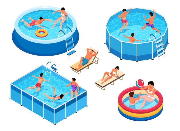 Vektor isometrischer swimmingpool-satz von isolierten symbolen mit ansichten von aufblasbaren und tragbaren pools mit personenvektorillustration