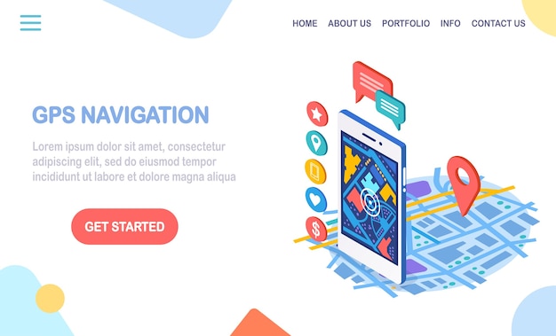 Vektor isometrisches smartphone mit gps-navigations-app, tracking. handy mit kartenanwendung