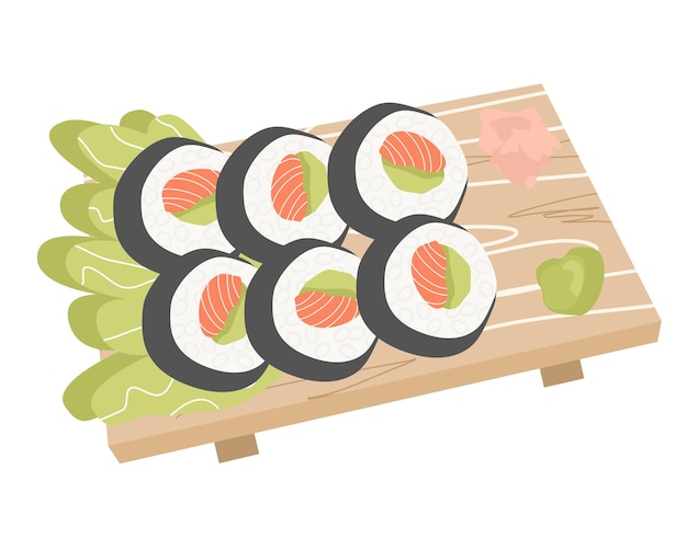 Vektor japanische sushi-rollen aus frischem norwegischem lachs und avocado mit salat auf einem holzbrett