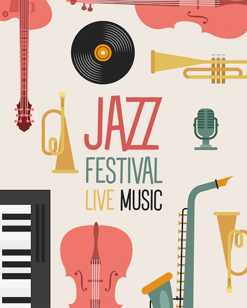 Vektor jazzfestivalplakat mit instrumenten- und beschriftungsvektorillustrationsdesign