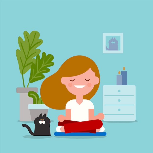 Junge Frau, die in sitzender Yoga-Position meditiert. Flache Designartkarikaturillustration.