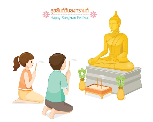 Jungen und Mädchen, die Buddha-Statue mit leichten Räucherstäbchen respektieren Tradition Thai Neujahr Suk San Wan Songkran Übersetzen Sie Happy Songkran Festival