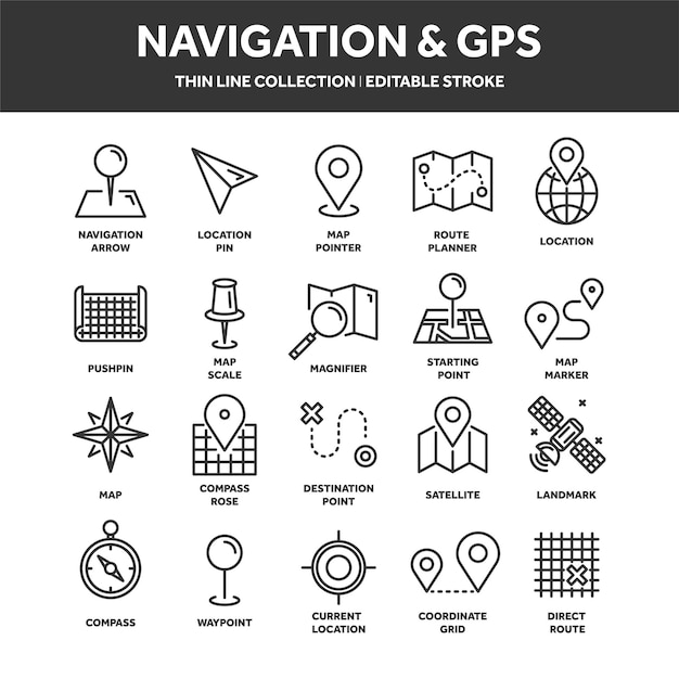 Vektor karte und navigation gps-koordinaten standort-symbole linienkunst