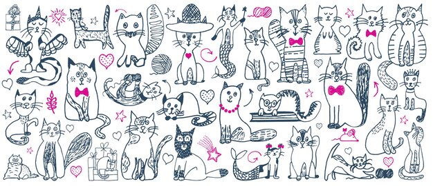 Katze-Doodle-Set Niedliches Skizzentier Cartoon-lustiges Katzenset Doodle-Umriss-Kätzchen-Illustration