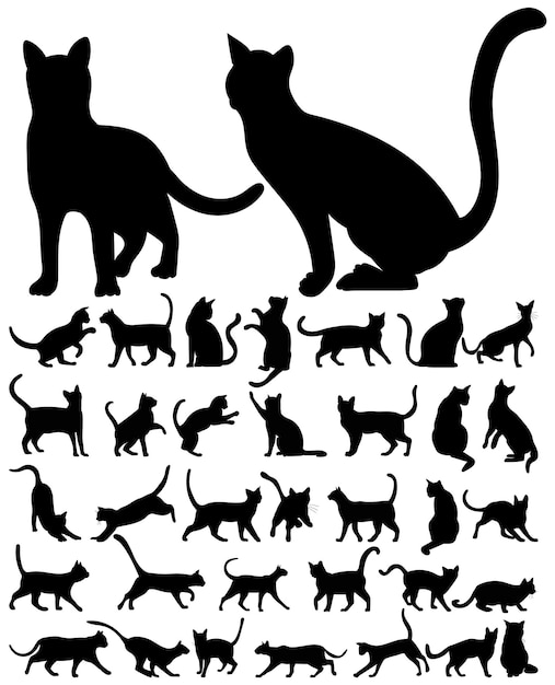 Katzen stellten die Silhouette ein, die auf weißem Hintergrundvektor lokalisiert wurde