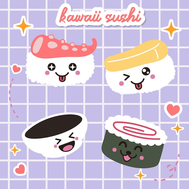 Vektor kawaii essen sushi süße cartoon flache illustration japan anime manga vektorstil