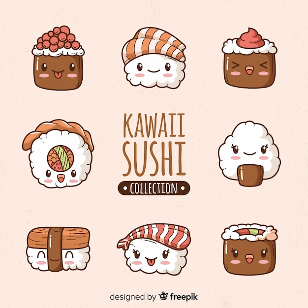 Vektor kawaii sushi hand gezeichnete sammlung