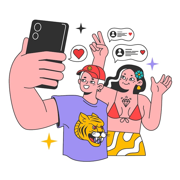 Vektor kidult-menschen behalten ihre kindheitsleidenschaft oder ihr interesse. stilvolle erwachsene charaktere, die ein smartphone halten und ein selfie machen. mann und frau posieren für soziale medien. flache vektorillustration