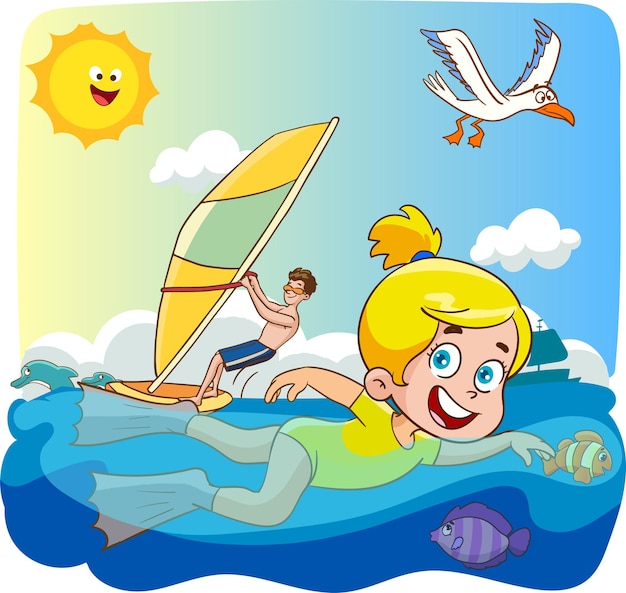 Kinder schwimmen im Meer bei sonnigem Sommerwetter