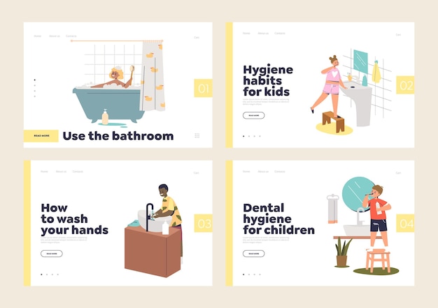 Kinder waschen sich die Hände, nehmen ein Bad, putzen Zähne und in der Toilette Set von Vorlagen-Landing-Pages mit Konzept der Hygieneroutine für die Gesundheit von Kindern. Flache Vektorillustration der Karikatur