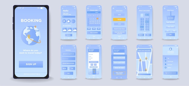 Vektor konzept der smartphone-buchungsoberfläche im flachen design blaues design der app-bildschirme für die buchung