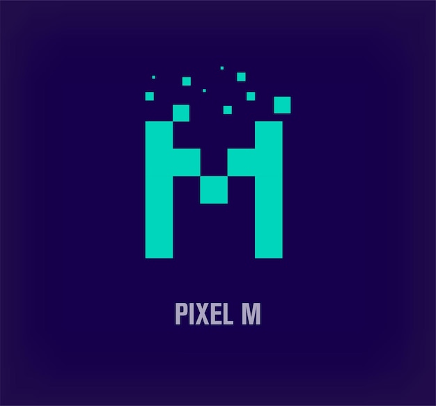 Kreativer Pixel-Buchstabe M-Logo. Einzigartiger digitaler Pixelkunst- und Pixelexplosions-Vorlagenvektor