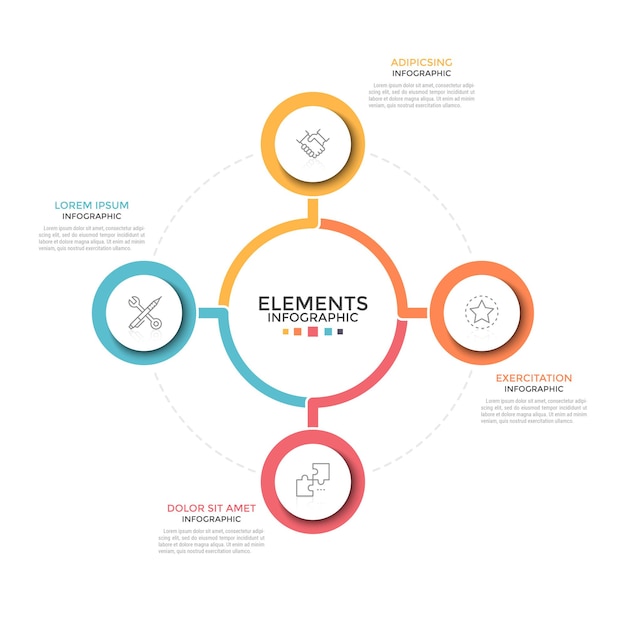 Kreisdiagramm. Vier bunte runde Elemente mit linearen Symbolen im Inneren, die um das Zentrum herum angeordnet sind. Konzept von 4 Geschäftsoptionen zur Auswahl. Minimale Infografik-Designvorlage.