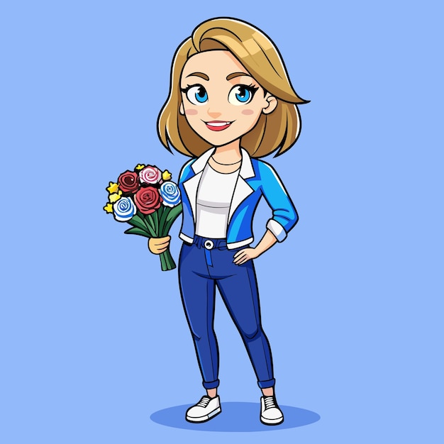 Vektor lächelndes mädchen in blauer jacke mit bouquet cartoon-vektorillustration