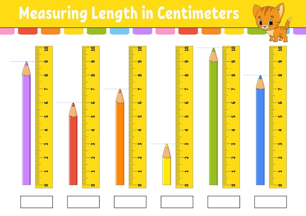 Vektor länge in zentimeter mit lineal messen. arbeitsblatt zur bildungsentwicklung.