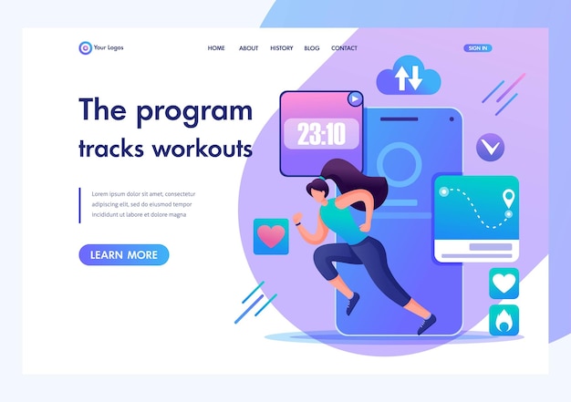 Laufprogramm für junge Mädchen verfolgt ihr Training über die App auf dem Smartphone Flache 2D-Charaktere Landingpage-Konzepte und Webdesign