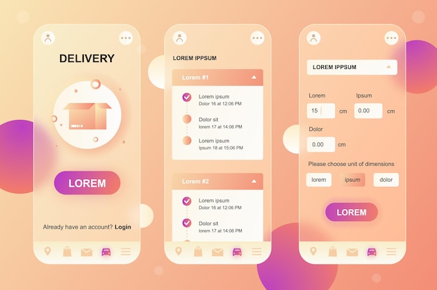 Lieferservice Glassmorphic Design Neumorphic Elements Kit für mobile App UI UX GUI Bildschirme eingestellt