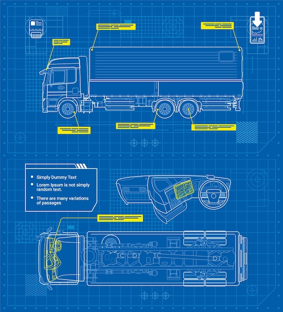 Vektor lieferwagen im umrissstil schematische blaupausen fahrzeugseite oben dashboard-ansicht industrielles bild auf blauem hintergrund vektor-illustration