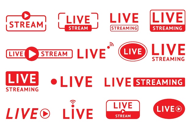 Vektor live-stream-übertragung und online-ereignis-symbol bildung im radiostudio grafik livestream medienkanal logo tv-schaltfläche streaming rote etiketten und aufkleber vektor-hintergrundtext