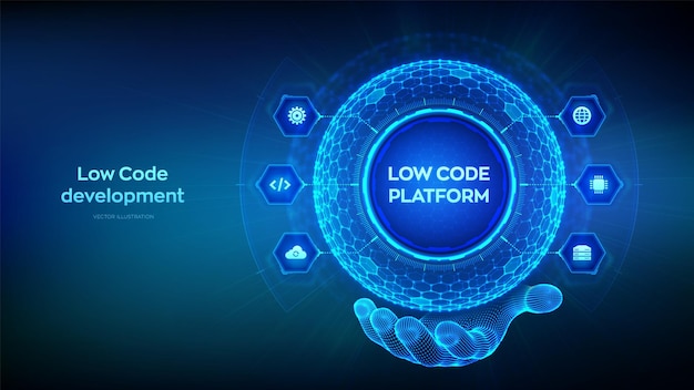 Low-Code-Plattform Low-Code-Entwicklungstechnologiekonzept LCDP einfache Codierung Sechseckige Gitterkugel in Drahtgitterhand auf blauem Hintergrund Vektorillustration