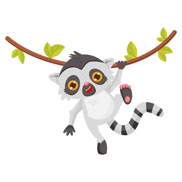 Lustiger Lemur, der an einer Liane hängt, Tier mit langem gestreiften Schwanz und großen, glänzenden Augen, entzückende Zeichentrickfigur, grafisches Element für Kinderbücher, flache Vektorillustration isoliert auf weißem Hintergrund