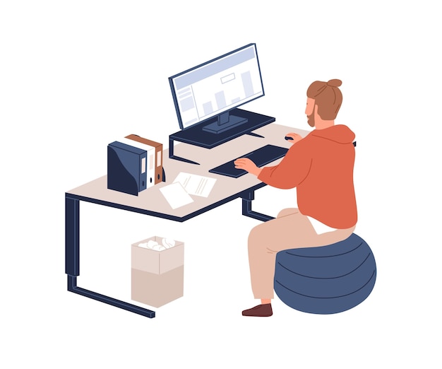 Männlicher Büroangestellter, der auf Kugelstuhl an der flachen Illustration des ergonomischen Arbeitsplatzvektors sitzt. Mann, der an zeitgenössischen Möbeln mit Computer und Schreibtisch isoliert auf Weiß arbeitet. Moderner Arbeitsplatz regulieren.