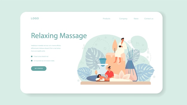 Vektor massage und masseur web banner oder landing page. spa-prozedur im schönheitssalon. rückenbehandlung und entspannung. person auf dem tisch und therapeut.