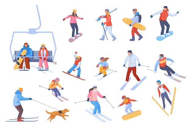 Menschen auf Skiern und Snowboards Cartoon Skifahrer Familie Snowboarder Wintersport Bergresort Abfahrt Freeride auf Sessellift Schneehang Reiseaktivität protziger Vektor