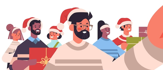 Mix Race Freunde machen Selfie Foto auf Smartphone Kamera Freunde Spaß Spaß Neujahr Weihnachten Feiertage Feier Konzept horizontale Porträt Vektor-Illustration