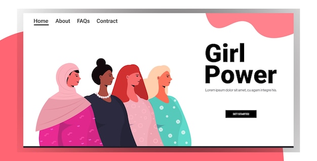 Mix Race Girls stehen zusammen weibliche Empowerment Bewegung Frauen Power Konzept Porträt horizontale Landing Page Kopie Raum Vektor-Illustration