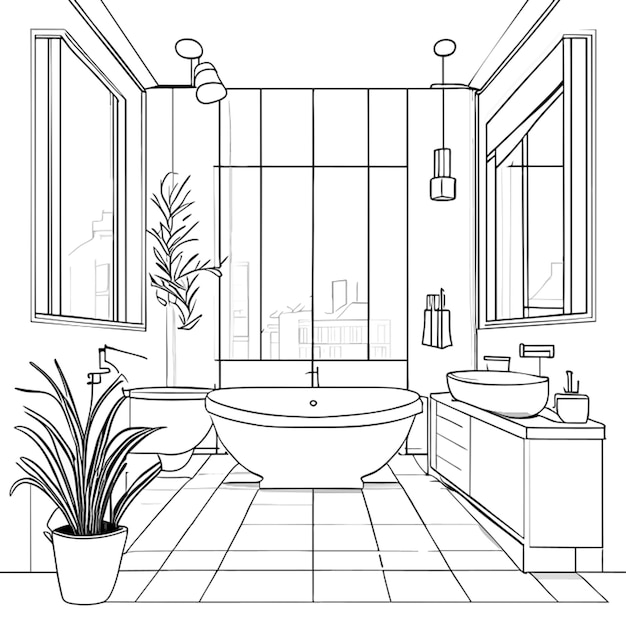 moderne Badezimmer-Interieurperspektive sehr detaillierte Vektorillustration Linienkunst